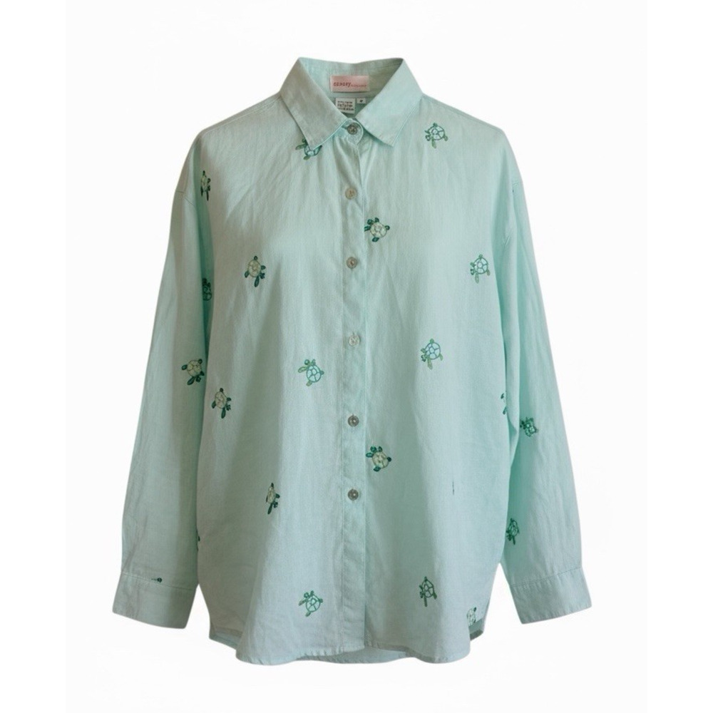 Casey Coleman Linen Shirt Womens Size Medium Embroidered Sea Turtles Resort‎